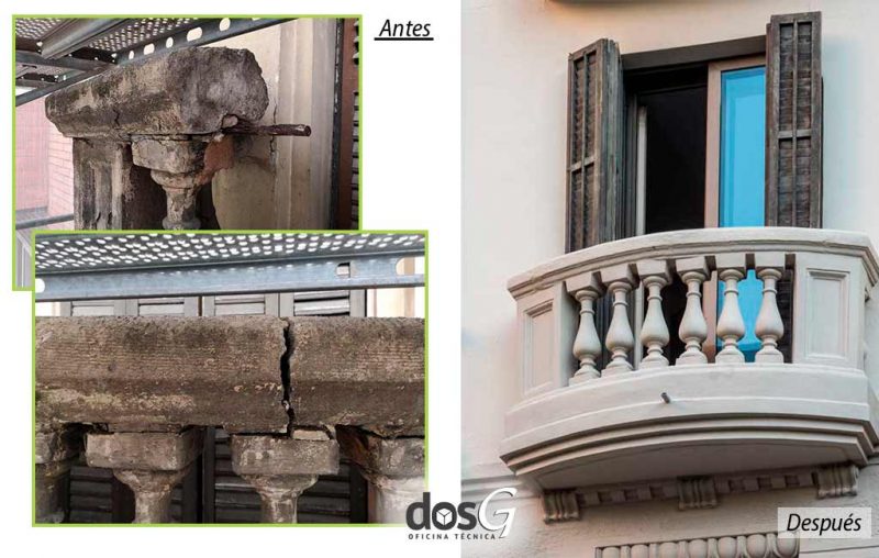 Restauración balaustradas Calle Estenza Barcelona, antes y después